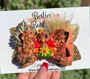 Give Thanks! 4.5” Glitter Bow with Clay Center