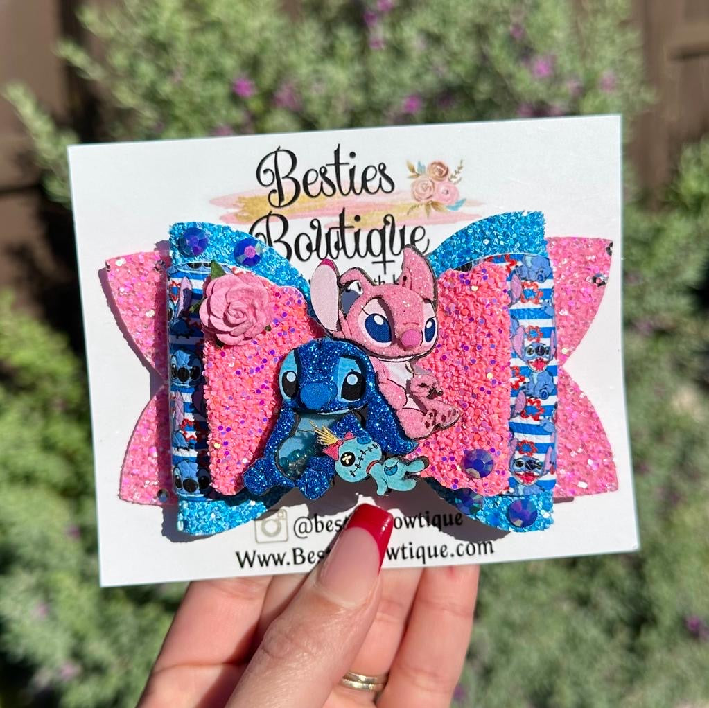 Stitch and Angel 4.5” Glitter Bow with Fun Shaker