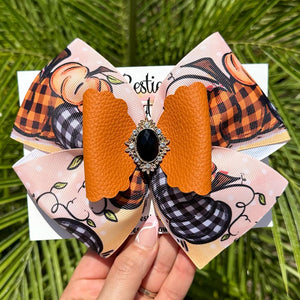 Pumpkin 6” Ribbon Bow with Bling Center