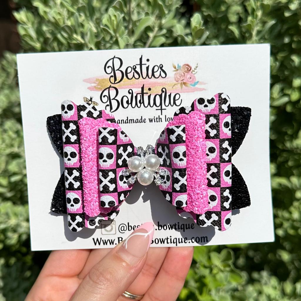 Pink Skulls 4” Glitter Bow with Pearl Center