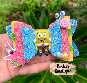 Spongebob 4.5" Over The Top Glitter Bow with Clay Center
