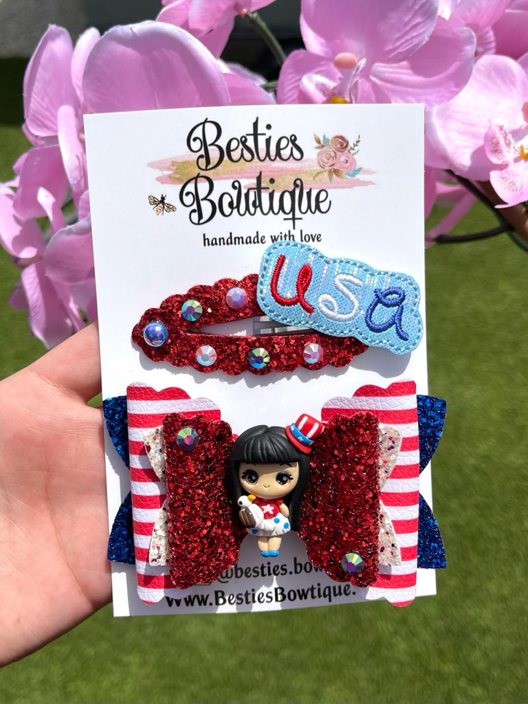USA Cutie 4” Bow with Snap Clip Set